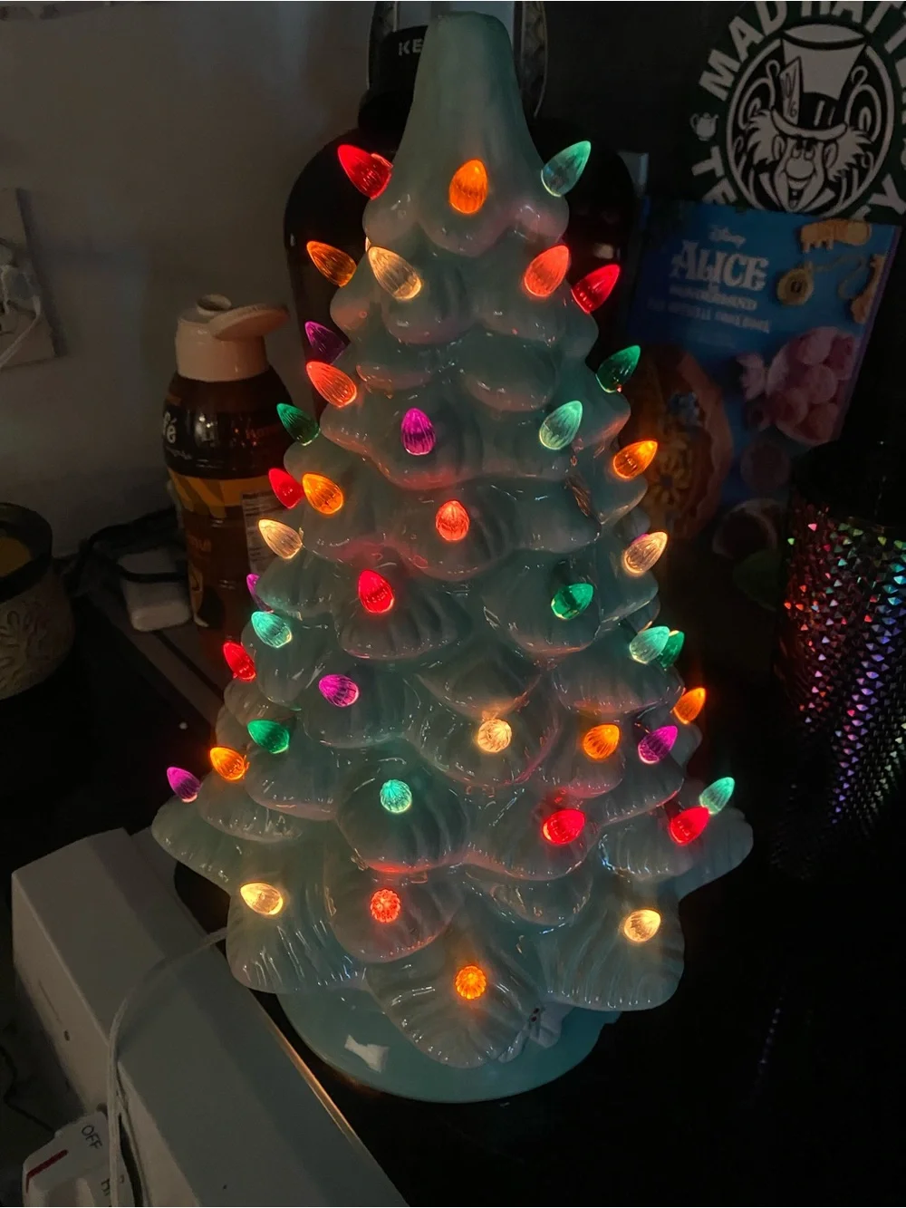 Vintage Ceramic Light-Up Holiday Tree - Mint Green with Multicolor Lights